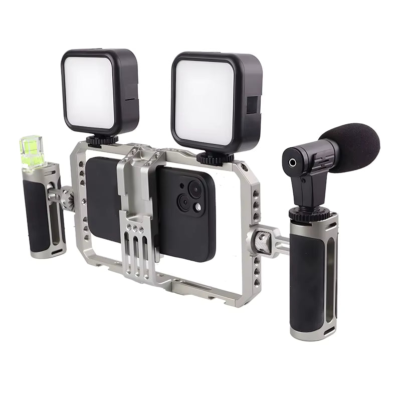 Kit Cage Stabilisateur Smartphone pour Vlog — Cage Alu + 2 LED + Micro + Trépied — vue 1