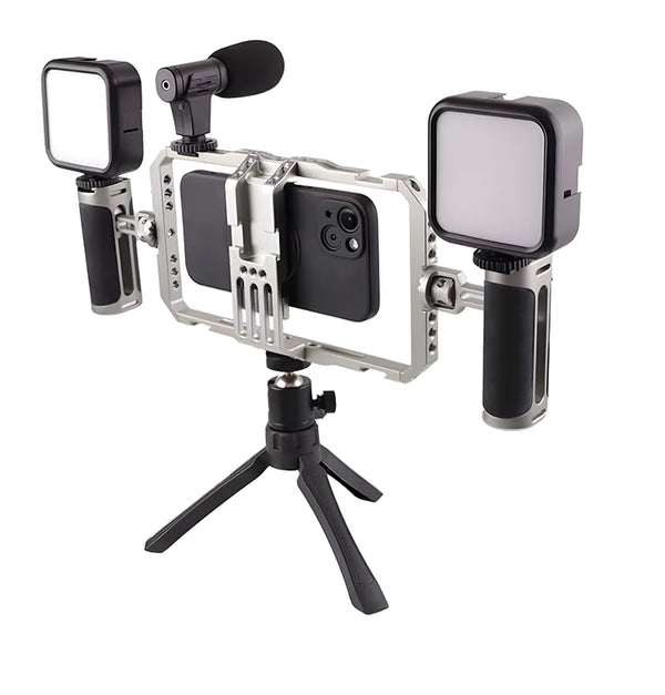 Kit Cage Stabilisateur Smartphone pour Vlog — Cage Alu + 2 LED + Micro + Trépied