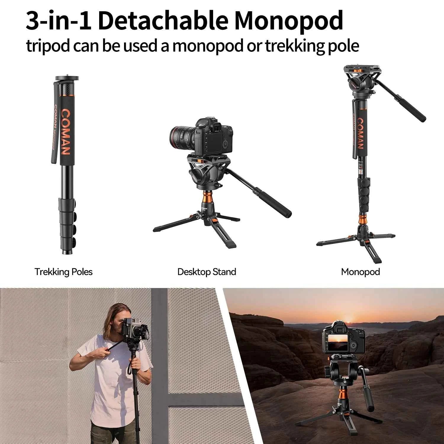 COMAN DK327AQ6 - Monopode Vidéo avec Tête Fluide Q6 et Base Trépied — vue 4